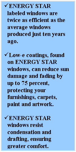 Text Box: ü	ENERGY STAR labeled windows are twice as efficient as the average windows produced just ten years ago.
ü	Low-e coatings, found on ENERGY STAR windows, can reduce sun damage and fading by up to 75 percent, protecting your furnishings, carpets, paint and artwork.
ü	ENERGY STAR windows resist condensation and drafting, ensuring greater comfort.